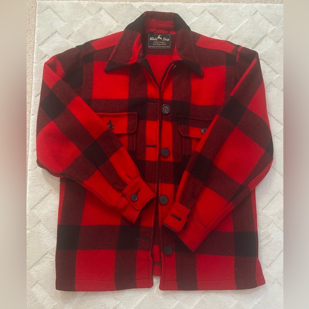 Vintage White Stag Plaid Jacket in Red | Size S